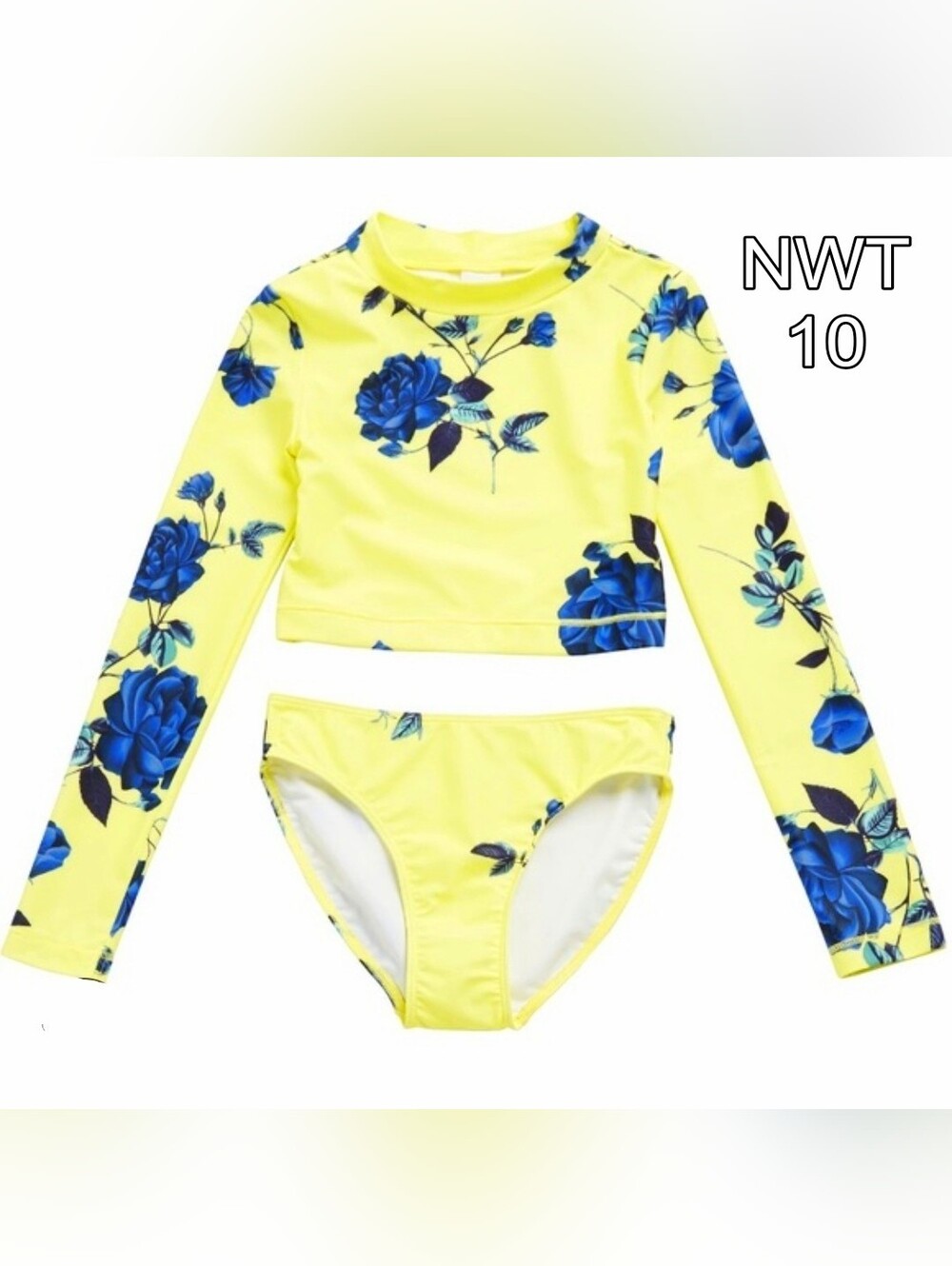 Melrose and Market Yellow Long-Sleeve Rashguard Set with Blue Floral Print